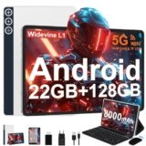 DMOAO Tablet Android 14 con 22GB RAM+128GB ROM(1TB TF, Tablet 10 Pollici con Widevine L1, Octa-Core 2.0GHZ, 5G Wi-Fi, GPS, 8000mAh, 8MP+5MP, Bluetooth 5.0, USB-C,Tastiera, Argento