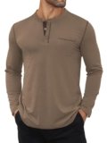 Hardaddy Men’s Color Contrast Henley Shirt Long Sleeve Button T-Shirt Lightweight Henley Tshirt for Men Basic Pullover Shirt with Pocket Coffee XL