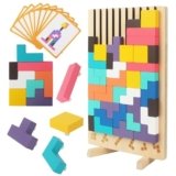 ACOMTUO Gioco Impilabile in Legno Tetris, Giocattoli Educativi, con 10 Carte, Intelligenza Jigsaw, Tetris Puzzle Bambini 3 4 5 6 Anni, Colorato Blocchi Geometrici Tetris, Regalo Educativi
