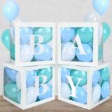TILBLKUP Baby Boxes with 4 Letters,40 Blue Balloon for Baby Shower Decorates,4 pcs clear Balloon Boxes BABY Blocks for Boys Birthday Party Decoration