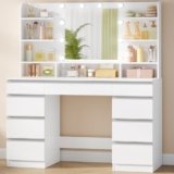 Hzuaneri 108cm Toeletta da Trucco con 10 Luce LED, 3 Colori, Luminosità Regolabile, Grande Specchio HD, 1 Cassetto Grande e 8 Cassettiere Piccole, 9 Vani Portaoggetti Aperti, Bianco-Argento DT35703WV1
