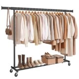 SONGMICS Stand Appendiabiti con Ruote, Attaccapanni Estensibile per Carichi Pesanti, Portata Totale 150 kg, 45 x (160-200) x 161,5 cm, Facile da Montare e Spostare, Nero HSR175B01