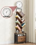HIGDBFE 6 Tier Tree Bookshelf with Clock and Fabric Drawer, Small Narrow Bookcase, Tall Floor Standing Book Shelf for Bedroom, Living Room, Home Office, Rustic Brown