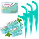 LAOYE Floss Picks, 300 Count Mint Dental Floss Picks, Toothpicks with 5 Travel Cases for Extra Convenience, Helps Prevent Cavities, Remove Plaque & Freshen Breath, Premium Floss Sticks for Family