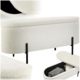 tectake® Panca Imbottita in Tessuto Bouclé, Panca Contenitore con Pratico Spazio Interno, Panca Comoda Pouf Contenitore con Gambe in Acciaio, Panca da Ingresso Design Scandinavo – Crema/Bianco