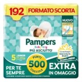 Pampers Baby Dry Junior, Taglia 5 (11-25 kg), Formato Scorta, Barriere Anti-Fuoriuscite, Più Asciutto Fino a 12h, Linguette Rinforzate e Avvolgenti, 192 Pannolini Bambino + 500 Punti Omaggio