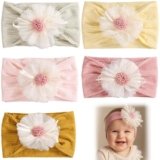 5 Pezzi Fasce Bambina, Accessori Neonata, Fiori di Pizzo Fascia Capelli Bambina in Nylon Elasticizzato Regalo Per Bambini Per Foto, Fascia Neonato per Capelli, Morbido Copricapo per Bambini Neonati