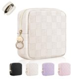 Pochette Trucchi Donna Beauty Case Piccola Trousse da Borsetta Ragazza in Pelle PU Portatrucchi da Viaggio per Cosmetica Organizer Piccolo Astuccio Trucco Portatile Amica Compleanno(scacchi-Beige)