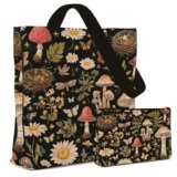 LARIAU Botanical Garden Canvas Tote Bag with Makeup Pouch, Mushroom and Floral Pattern, Black Mushroom Canvas Tote Bag for Gym, Travel, Work, Birthday Gifts for Women Girls