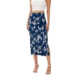 Midi Skirts for Women with Slit Long Knee Length Floral Elastic Pleated High Waisted Womens Skirt