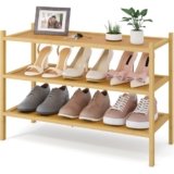 Smiry Bamboo Shoe Rack, 3 Tier Shoe Organizer for Entryway & Closet, Stackable Free Standing Storage Shelf for Shoes, Bags & Plants, Natural