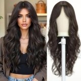 Esmee Parrucche Lunghe Ondulate Marrone Scuro per le Donne Natuaral Capelli Sintetici Resistenti al Calore Parrucca Brunette per Uso Quotidiano Cosplay Party