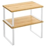 SONGMICS Scaffale Portaspezie, Set di 2 Organizzatori da Cucina Espandibili, Scaffale da Cucina Impilabile, Metallo e Legno Ingegnerizzato, Bianco Nuvola e Beige Naturale KCS02NW
