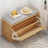 BAOTEDSL Rattan Shoe Bench – Entryway Bench with Adjustable Shelf & Linen Seat Cushion, Natural