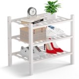 Haddockway Small 3 Tier Bamboo Shoe Rack Storage Organizer, Multifunctional Free Standing Stackable Shoe Shelf with Grid Panel for Closet,Hallway,Entryway,Small Space 18″x11″x17″
