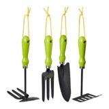 Relaxdays Set Attrezzi Giardino, Kit da 4 pz., Tridente, Rastrello, Paletta & Zappetta, Giardinaggio, Ferro, Verde