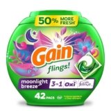 Gain Flings Laundry Detergent Pacs, 42 Count, Moonlight Breeze Scent, 3 in 1 HE Detergent Pacs with Oxi Boost and Febreeze