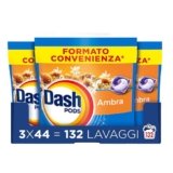 Dash Pods Detersivo Lavatrice In Capsule, 132 Lavaggi (3×44), Ambra, Rimuove le Macchie, Igienizza, Dona Freschezza, Brillantezza Per I Capi