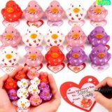 Kiddokids 28 Pack Valentine Cards with Rubber Ducks for Kids, Cute Mini Duck Bath Toys for School Classroom Exchange Prizes, Party Favors, Valentine Day Gifts