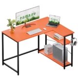 Pamray 43 Inch L Shaped Computer Desk with Reversible Side Storage Shelves, Small Corner Desk for Small Space Home Office,Writing Study PC Table for Bedroom,Orange