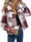 NILOINE Womens 2025 Fall Flannels Cropped Shacket Plaid Jacket Long Sleeve Button Down Jackets Coat Spring Trendy Outfits(1-Red,Large)