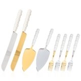 Xorim 8 Pieces Wedding Knife and Cake Server Set, Cake Cutting Set for Wedding with Ceramic Pearl Handle for Engagements, Anniversaries, And Engagement Gifts for Couples (Gold, Silver)
