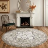 PURRUGS Vintage Farmhouse Boho Area Rug 6×6 ft, Non-Slip Machine Washable Round Rug, Accent Oriental Rug for Dining Room, Living Room, Bedroom, Entryway and Kitchen, Taupe/Vanilla