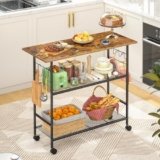 Kitchen Island with 3 Shelves, Rolling Kitchen Cart with 6 Hooks and Protective Shelf, Microwave Stand on Lockable Wheels, Bakers Rack Coffee Bar for Dining, Living Room, Outdoor, Metal Frame