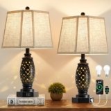 EJIAXIN Table Lamps Set of 2-23.5″ Vintage Bedside Lamp with USB A+C and Nightlight – Black Carved Resin Retro Desk Lamp for Bedrooms, End Tables, Living Room, Bulbs Included