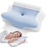 JOLLYVOGUE Neck Pillow for Pain Relief – Contour Memory Foam Cervical Pillow with Cooling Pillowcase, Ergonomic Orthopedic Support for Side Back Stomach Sleepers, White & Light Blue