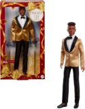 Barbie Signature 2025 Holiday Dark Brown Hair Ken Collectible Fashion Doll Wearing Full Suit with Golden Jacket in Displayable Packaging & Doll Stand
