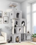 Globlazer Large Cat Tree Condos for Indoor Cats Large Adult, 70inch Tall Cat Tree Condo Tower with 4 Spacious Cat Condo Houses, 3 Sisal Scratching Posts, 2 Adjustable Hanging Baskets, F70C, Cloud Gray
