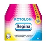 Rotoloni Regina – 42 Maxi Rotoli di Carta Igienica, 500 Fogli a 2 Veli, Lunghi Più del Doppio dei Normali Rotoli, Confezione 50% in Plastica Riciclata, Carta 100% Certificata FSC