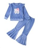 Coaturi Toddler Girl Clothes Sets: Long Ruffle Sleeve Print Top Flare Pants 2 Piece Fall Winter Outfits for Girl 2-7 Years(Blue, 3-4Years)