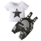 Kimoda Baby Boy Clothes 0-3 Months Summer Newborn Infant Cotton Clothes Outfit 2pcs Set Infant Short Sleeve T-Shirt Top + Camouflage Grey Dungarees