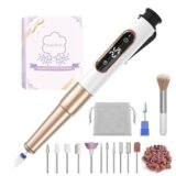 Denabuty Nail Drill Cordless, Electric Nail File 12 in 1 with LED Display, Nail Drill Machine Professional Portable Rechargeable E File for Gel Acrylic Manicure Pedicure Set with 5 Speeds Golden