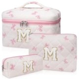 Junesters Initial Makeup Bag Set, Personalized Quilted Makeup Bag, Large Floral Cosmetic Bag for Women, Cute Cotton Custom Make up Bags, Flower Travel Toiletry Bag Teen Girl Gift Pink Butterfly M