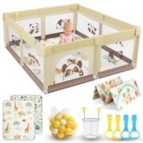 SOFTHOM Box Bambini 150×180 con Tappeto, Recinto per Bambini con 360° Rete Traspirante, Tessuto Oxford, Laterali con Zip, Antiscivolo Robusta Centro Attività, 60 Palline, 4 Maniglie, Panda beige