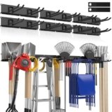 Housolution Organizzatore Attrezzi Giardino Resistente 96″ – 20 Pezzi Portata 720 lbs, Sistema Ripiano Garage, 6 Guide con 12 Ganci Metallici Regolabili, per Rastrelli/Scope/Snowboard