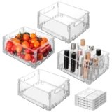 VINATO Set Da 4 Organizer Frigorifero, Contenitori Frigo Trasparenti, Impilabile, Senza BPA – Organizer Cucina, Organizer Bagno- Per Alimenti, Cosmetici E Articoli Da Ufficio