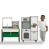 Delta Children Gourmet All-in-One Corner Play Kitchen – Toy Kitchen Playset with Safe & Heatless Stove with Lights, Oven, Sink, Fridge/Freezer with Ice Maker and 20 Accessories, Natural/White