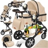 KESSER® Carrozzina 3in1 Loops, Carrozzina Combinata con navicella, Seggiolino sportivo, Seggiolino auto, Borsa Fasciatoio, Parapioggia, Tavolino per Bambini, Beige/Nero