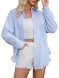 Esabel.C Women’s Striped Button Down Shirts Long Sleeve Casual Oversized Shirt Tops for Work Travel with Pocket,LightBlue/White,L