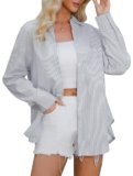 Esabel.C Women’s Striped Button Down Shirts Long Sleeve Casual Oversized Shirt Tops for Work Travel with Pocket,White/Blue,S
