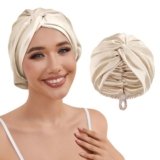 HFRHTGY Adjustable Silk Satin Hair Bonnet for Sleeping Women Hair Wrap, Double Layer Night Turban, Sleep Cap for Natural Curly Straight Unisex – Champagne
