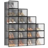 SONGMICS Scatole per Scarpe, Pacco da 18 Contenitori per Scarpe, Organizzatori Porta Scarpe Pieghevoli e Impilabili, Fino a Taglia 46, Trasparente e Nero LSP007B18