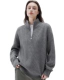 SUUKSESS Women Oversized Cashmere Blend Quarter Zip Pullover Sweater Long Sleeve Collared Ribbed Knit Jumper Tops (Deep Grey, M)