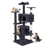 DUMOS 54-inch Indoor Cat Tree Tower –Multi-Level Pet House for Large Cats with 2 Condos, Scratching Posts, Round Platform, Small Ladder, and Toys – Perfect for Cats of All Ages, Dark Grey
