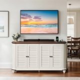 DWVO Farmhouse TV Stand for 60/55 Inch Television, 55″ Buffet Sideboard Cabinet for Dining Room, Wood Home Coffee Bar Station w/Shutter-Door, Rustic Console Cabinet with Storage for Living Room, White
