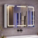 mojiasion Specchio Bagno LED con Presa Elettrica + USB–3 Ante-Design 360°, Memoria Luminosità,80x16x60 cm Mobiletto Specchio Bagno Sospeso | 3 Ripiani Regolabili, Bianco, Impermeabile Sospeso 80×60 cm